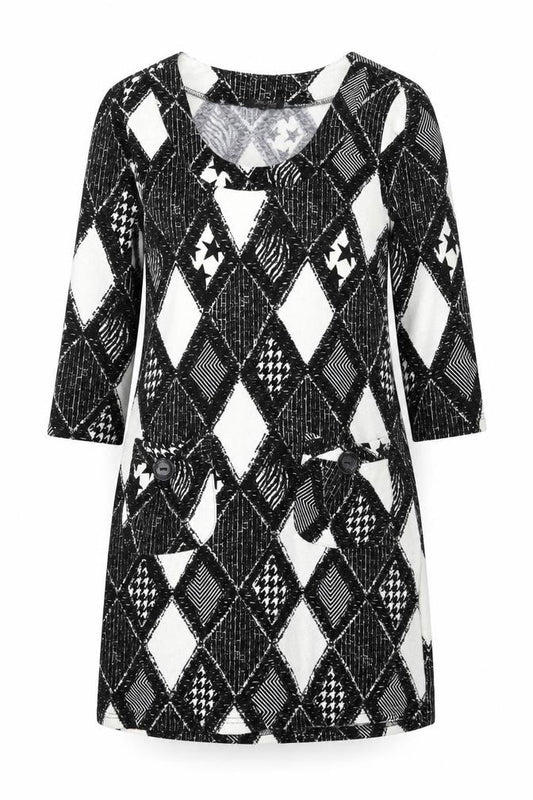 Front view of Stella Morgan Women’s Black Geometric Shift Dress, size UK 12