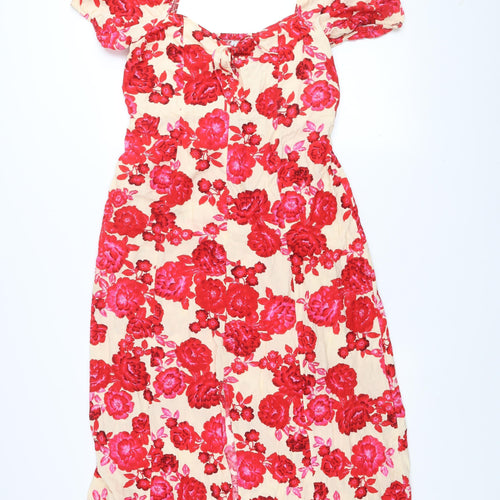 Stradivarius Women Beige Red Floral Cotton Midi A-Line Dress Size 14