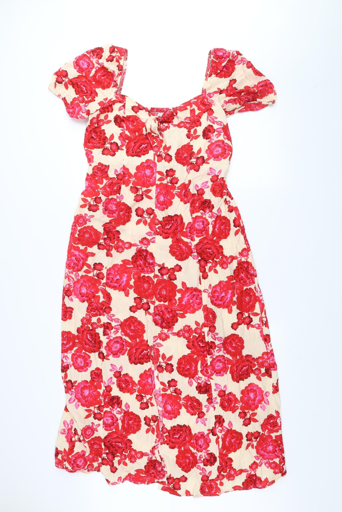 Stradivarius Women Beige Red Floral Cotton Midi A-Line Dress Size 14
