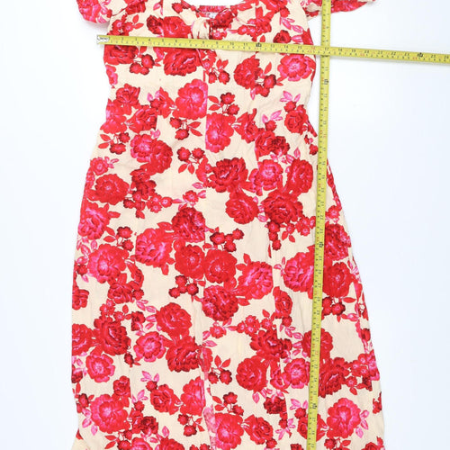 Stradivarius Women Beige Red Floral Cotton Midi A-Line Dress Size 14