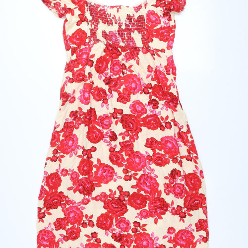 Stradivarius Women Beige Red Floral Cotton Midi A-Line Dress Size 14