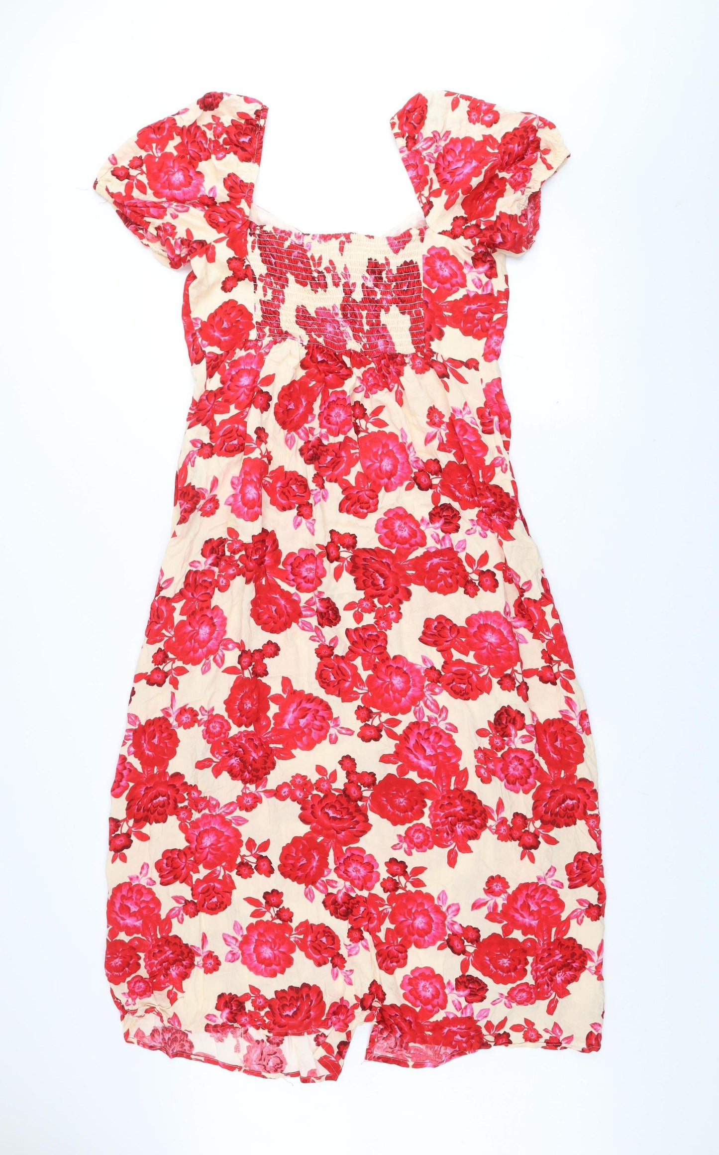 Stradivarius Women Beige Red Floral Cotton Midi A-Line Dress Size 14