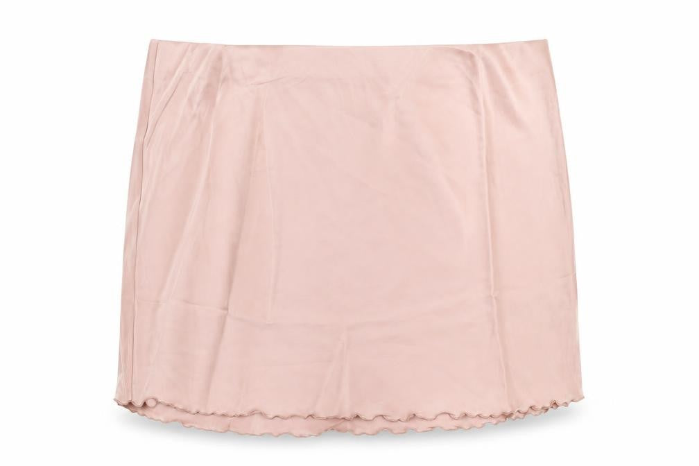 Front view of H&M women’s beige short satin stretch skirt xl