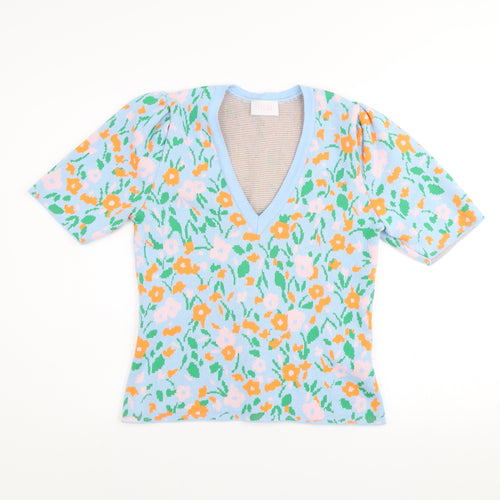 Savida Women Blue Floral Knit V-Neck Short Sleeve Jumper Size 12