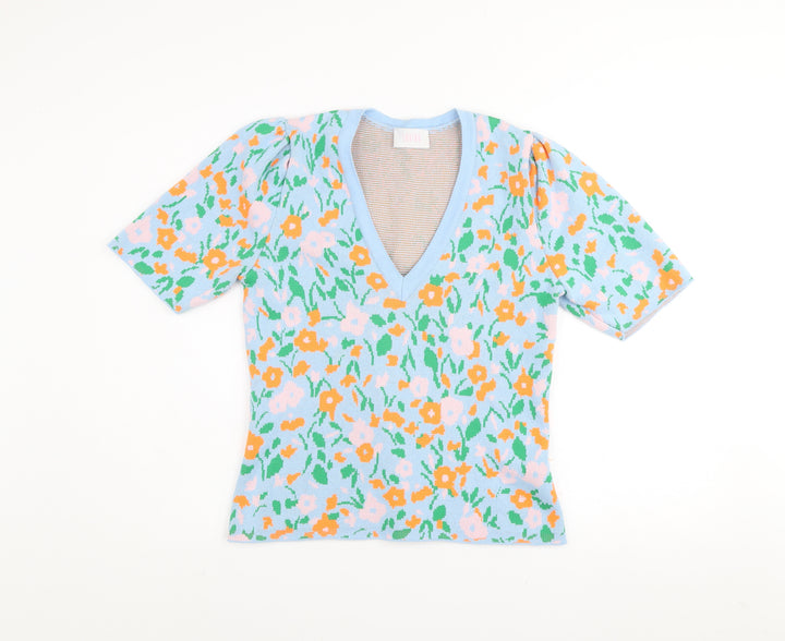 Savida Women Blue Floral Knit V-Neck Short Sleeve Jumper Size 12