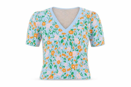Front view of Savida Women Blue Floral Knit V-Neck Short Sleeve Jumper, size 12