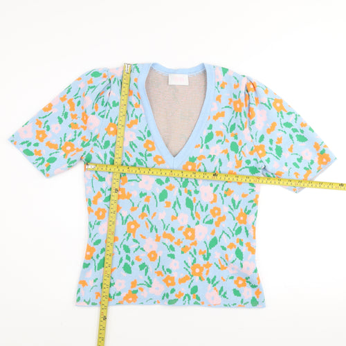 Savida Women Blue Floral Knit V-Neck Short Sleeve Jumper Size 12