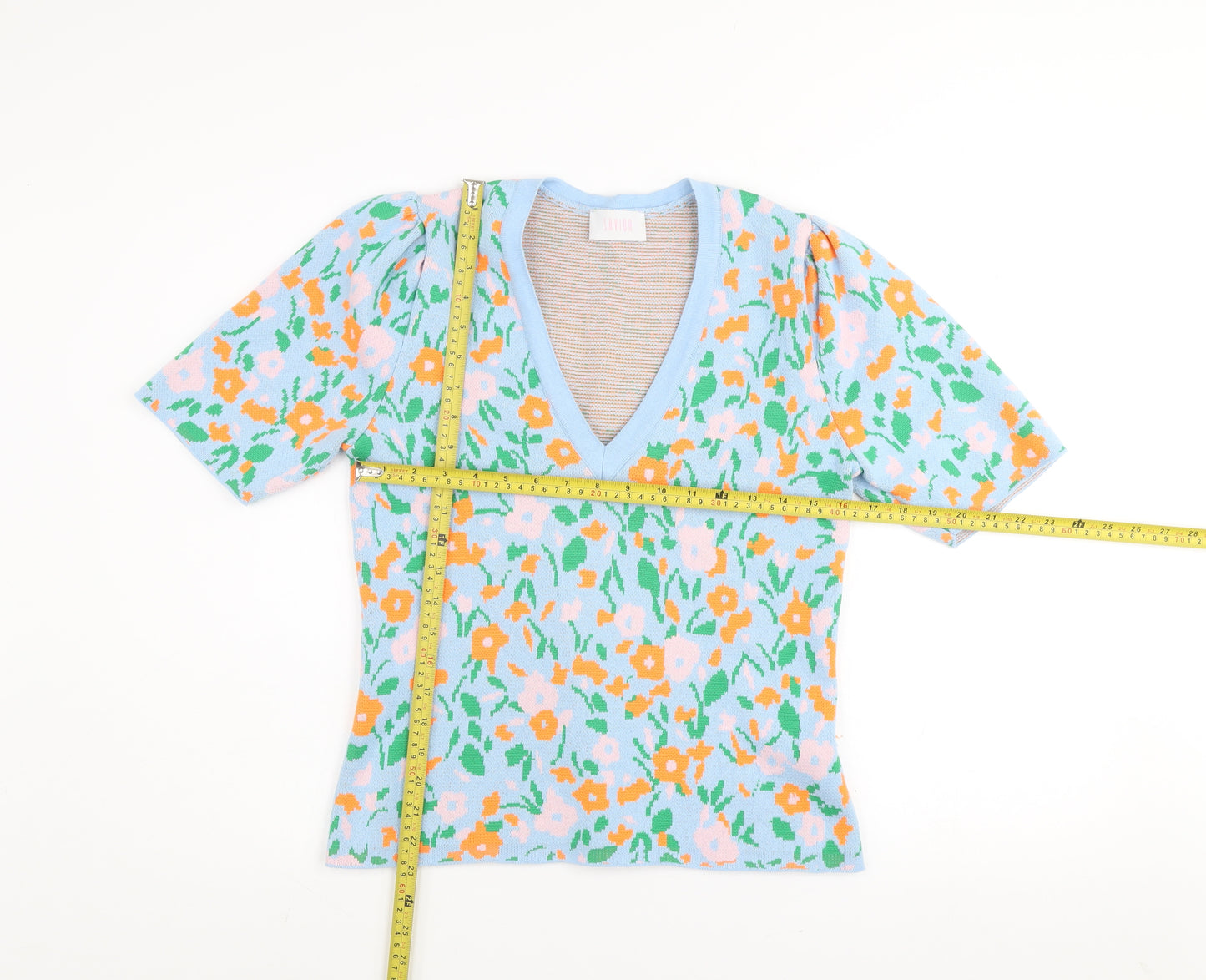 Savida Women Blue Floral Knit V-Neck Short Sleeve Jumper Size 12