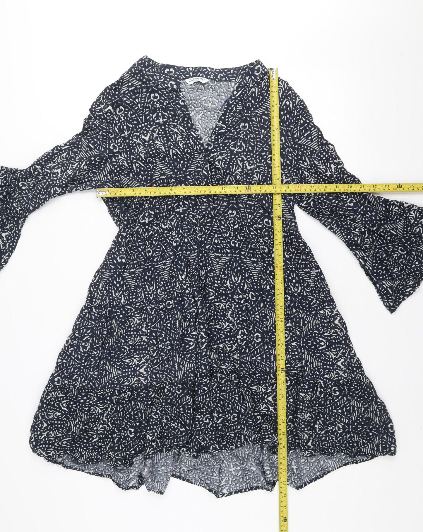Zabaione Women's Blue Geometric Wrap Dress Size M Long Sleeve
