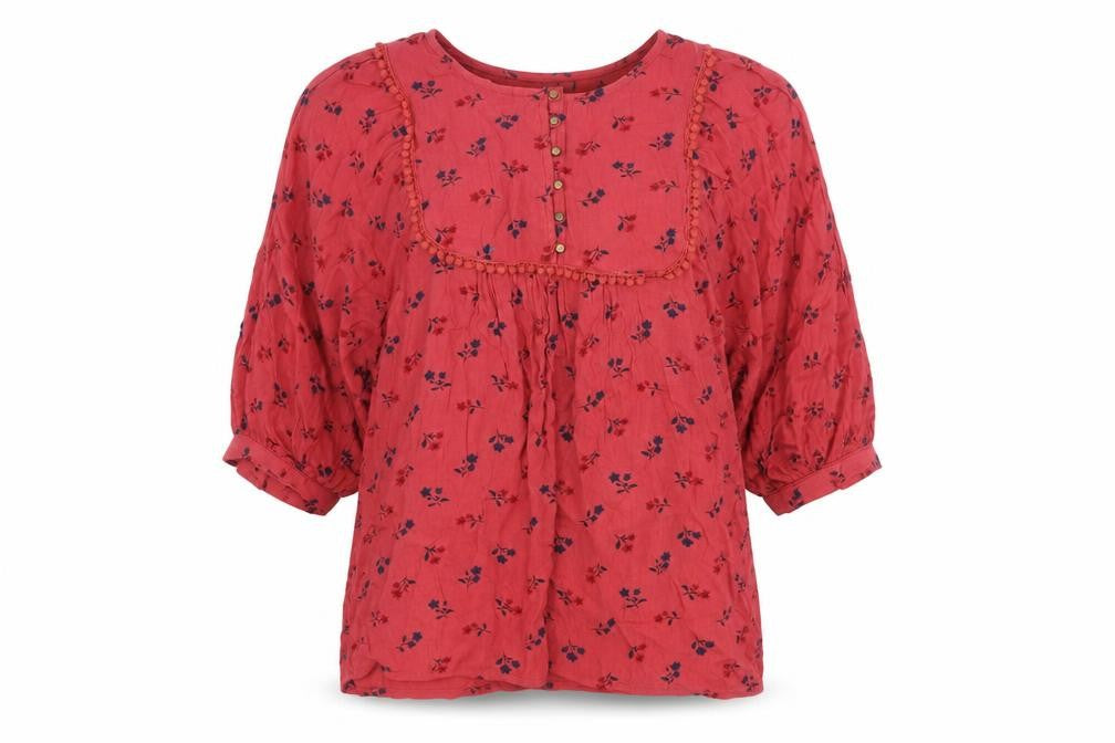 Fame Forever Womens Red Floral Peasant Blouse Size S 3/4 Sleeve