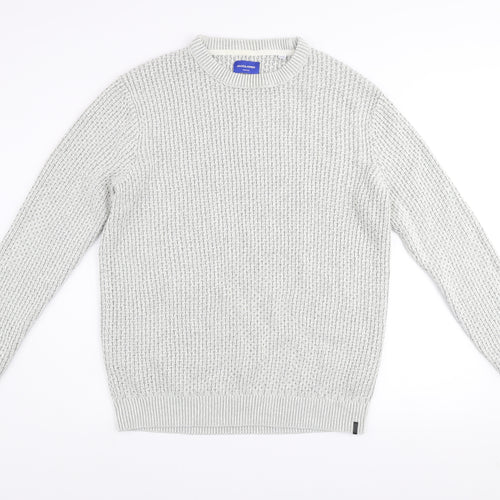 Jack & Jones Men's Grey Waffle-Knit Crew Neck Jumper Size S