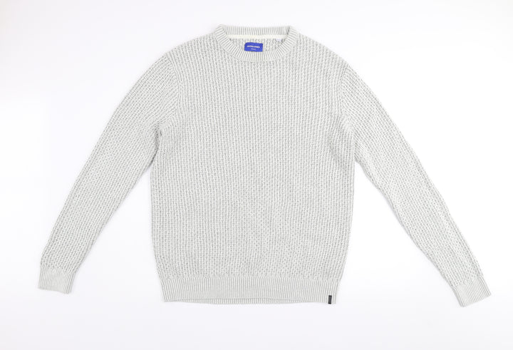 Jack & Jones Men's Grey Waffle-Knit Crew Neck Jumper Size S