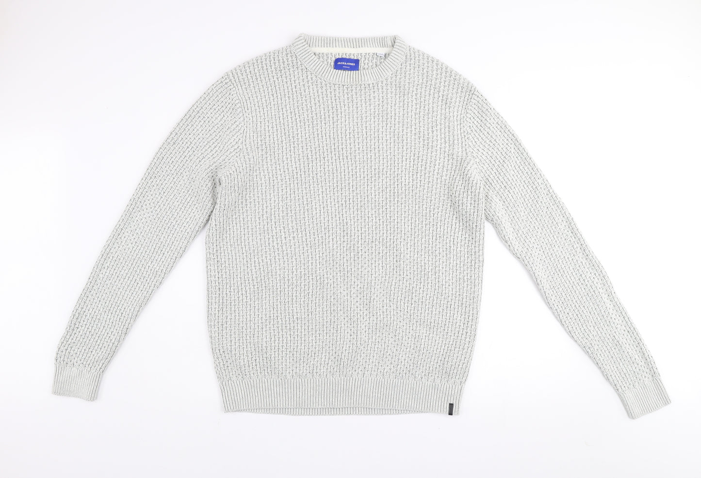 Jack & Jones Men's Grey Waffle-Knit Crew Neck Jumper Size S