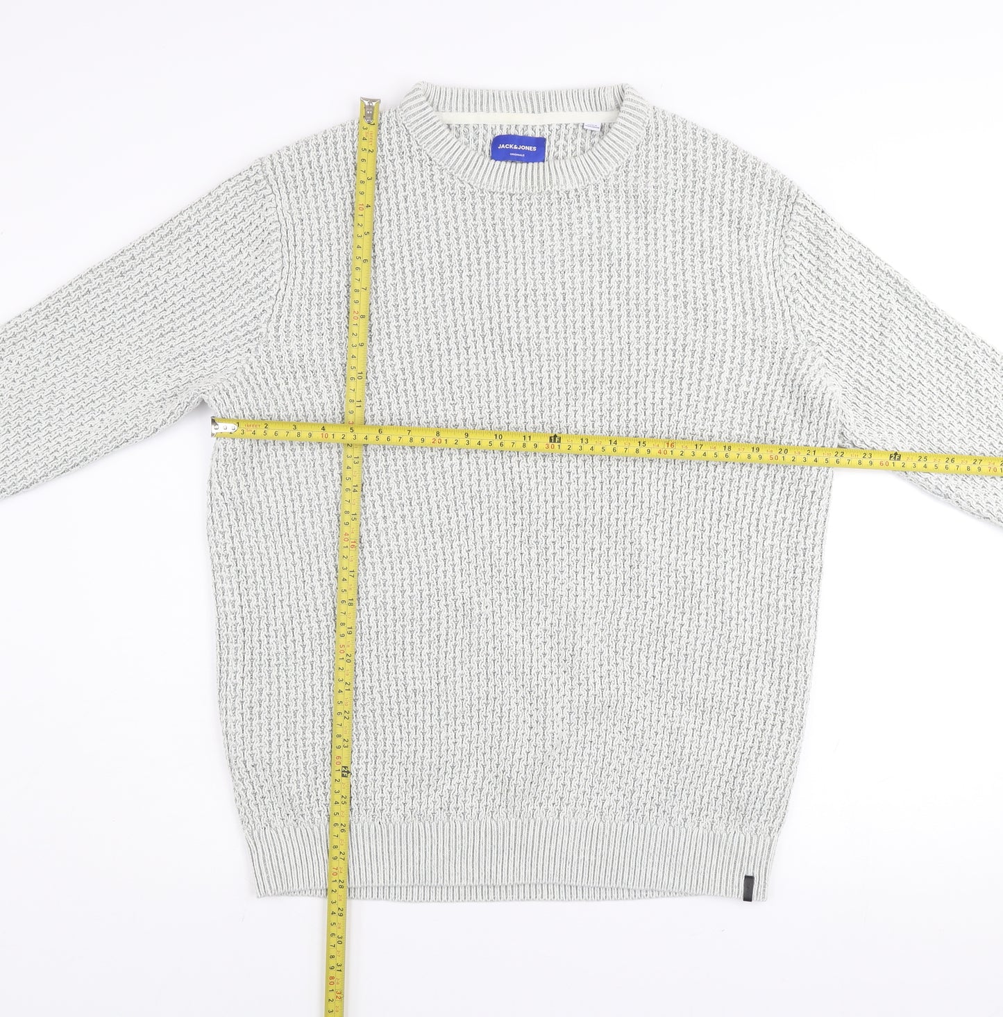 Jack & Jones Men's Grey Waffle-Knit Crew Neck Jumper Size S