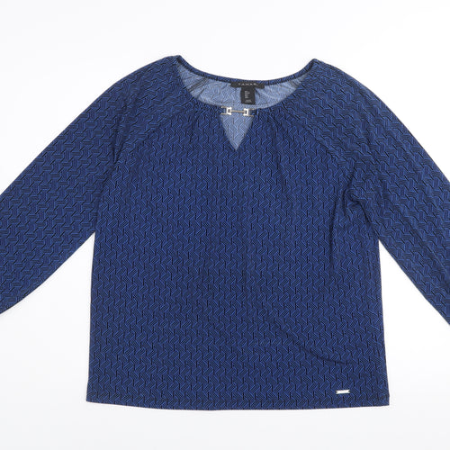 Tahari Women's Blue Geometric V-Neck Long Sleeve Tunic Blouse Size L