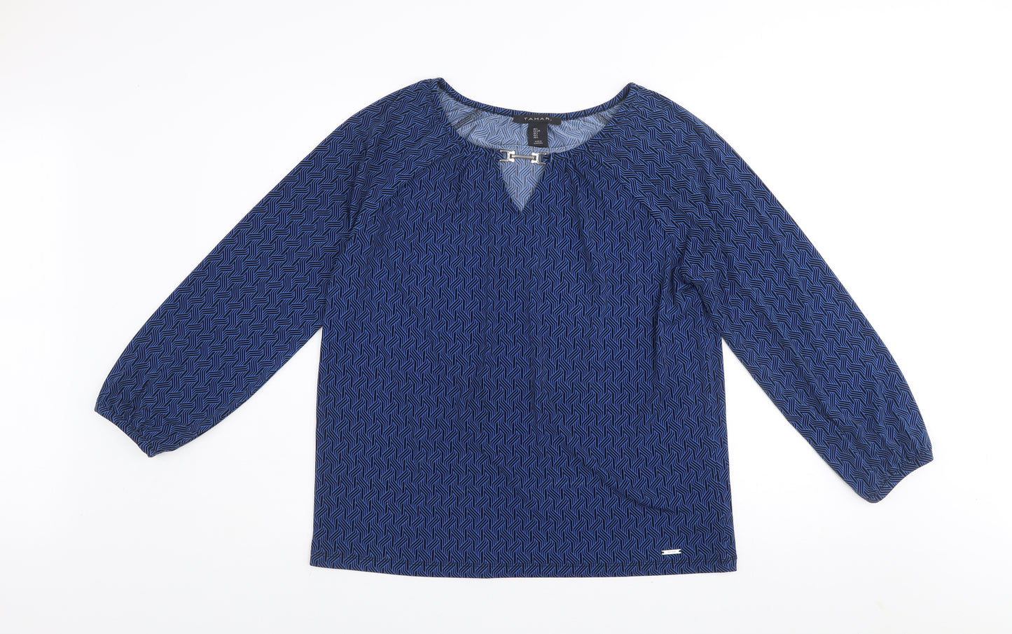 Tahari Women's Blue Geometric V-Neck Long Sleeve Tunic Blouse Size L