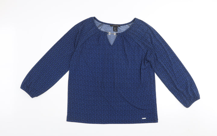 Tahari Women's Blue Geometric V-Neck Long Sleeve Tunic Blouse Size L