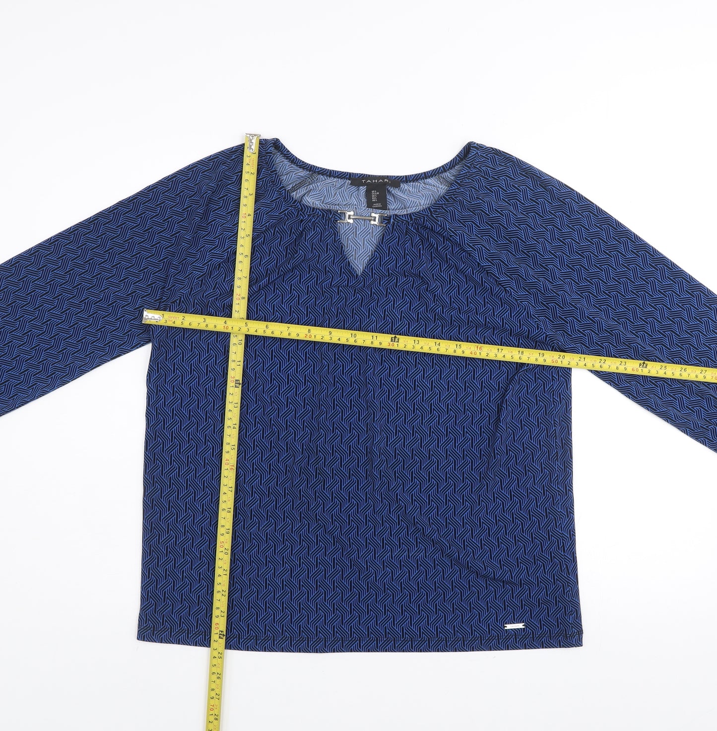 Tahari Women's Blue Geometric V-Neck Long Sleeve Tunic Blouse Size L