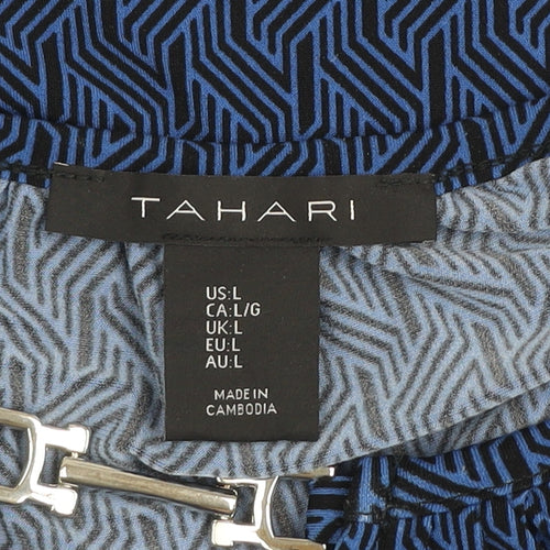 Tahari Women's Blue Geometric V-Neck Long Sleeve Tunic Blouse Size L