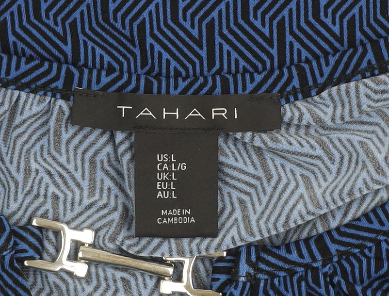 Tahari Women's Blue Geometric V-Neck Long Sleeve Tunic Blouse Size L