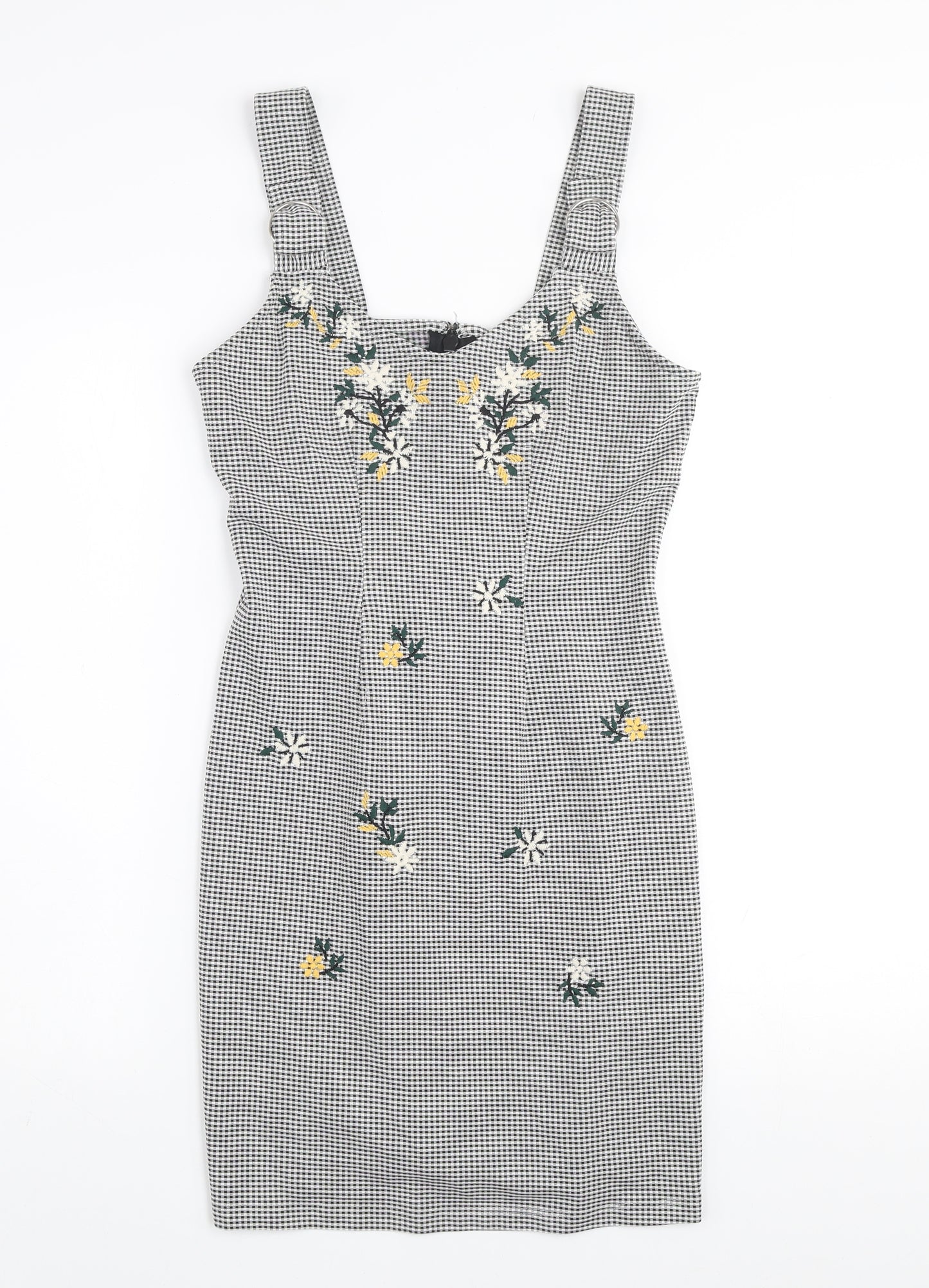 Topshop Women Black Check Embroidered Pinafore Dress Size 10
