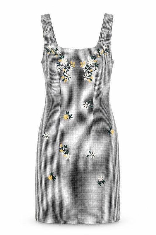 Front view of Topshop Women Black Check Embroidered Pinafore Dress, size 10