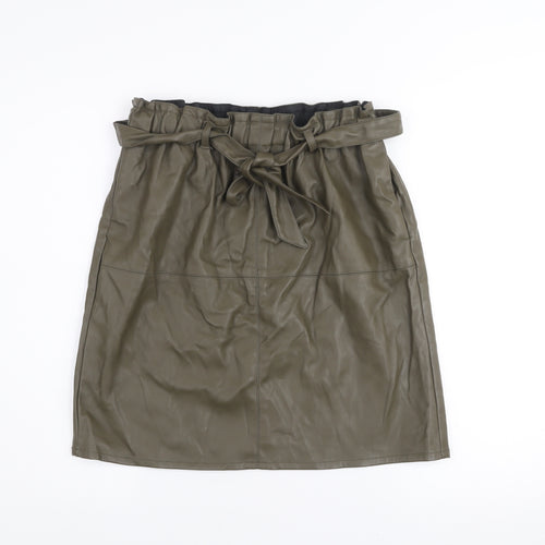 ONLY Women's Green Faux Leather Knee Skirt Size 12 High Waist Belted