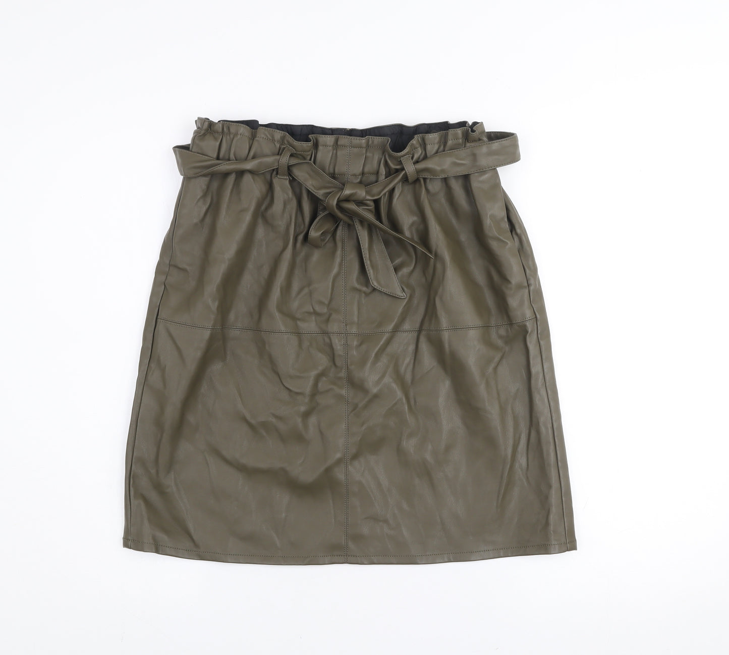 ONLY Women's Green Faux Leather Knee Skirt Size 12 High Waist Belted