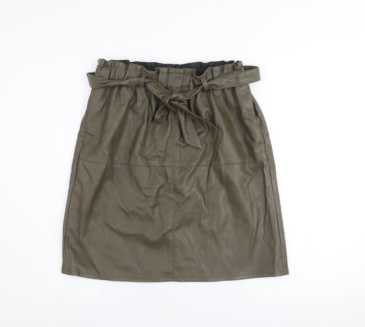 ONLY Women's Green Faux Leather Knee Skirt Size 12 High Waist Belted