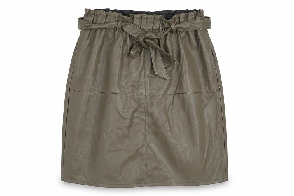 ONLY Women's Green Faux Leather Knee Skirt Size 12 High Waist Belted