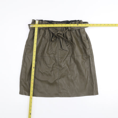 ONLY Women's Green Faux Leather Knee Skirt Size 12 High Waist Belted