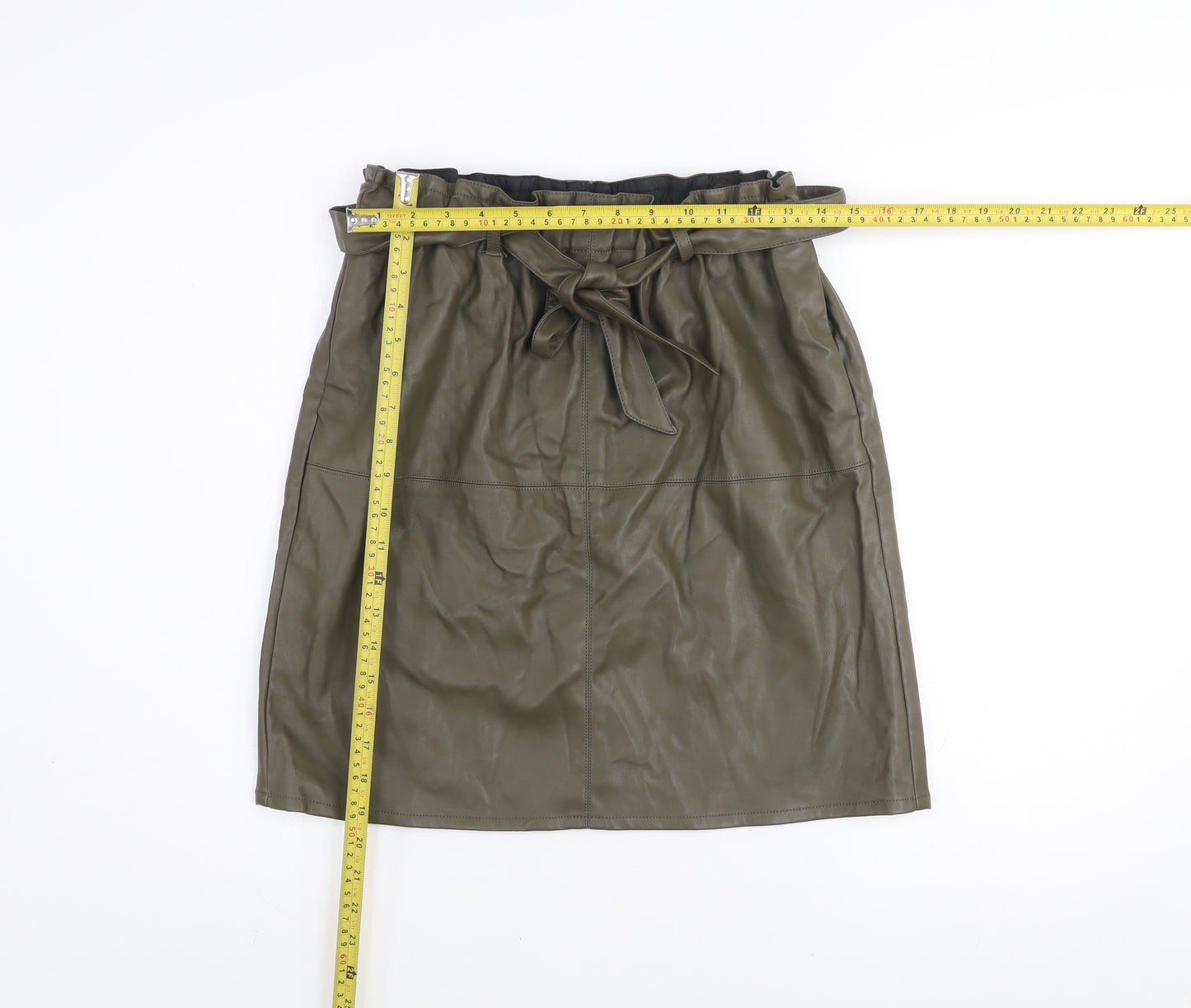 ONLY Women's Green Faux Leather Knee Skirt Size 12 High Waist Belted