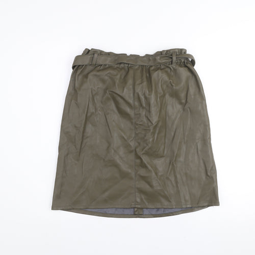 ONLY Women's Green Faux Leather Knee Skirt Size 12 High Waist Belted