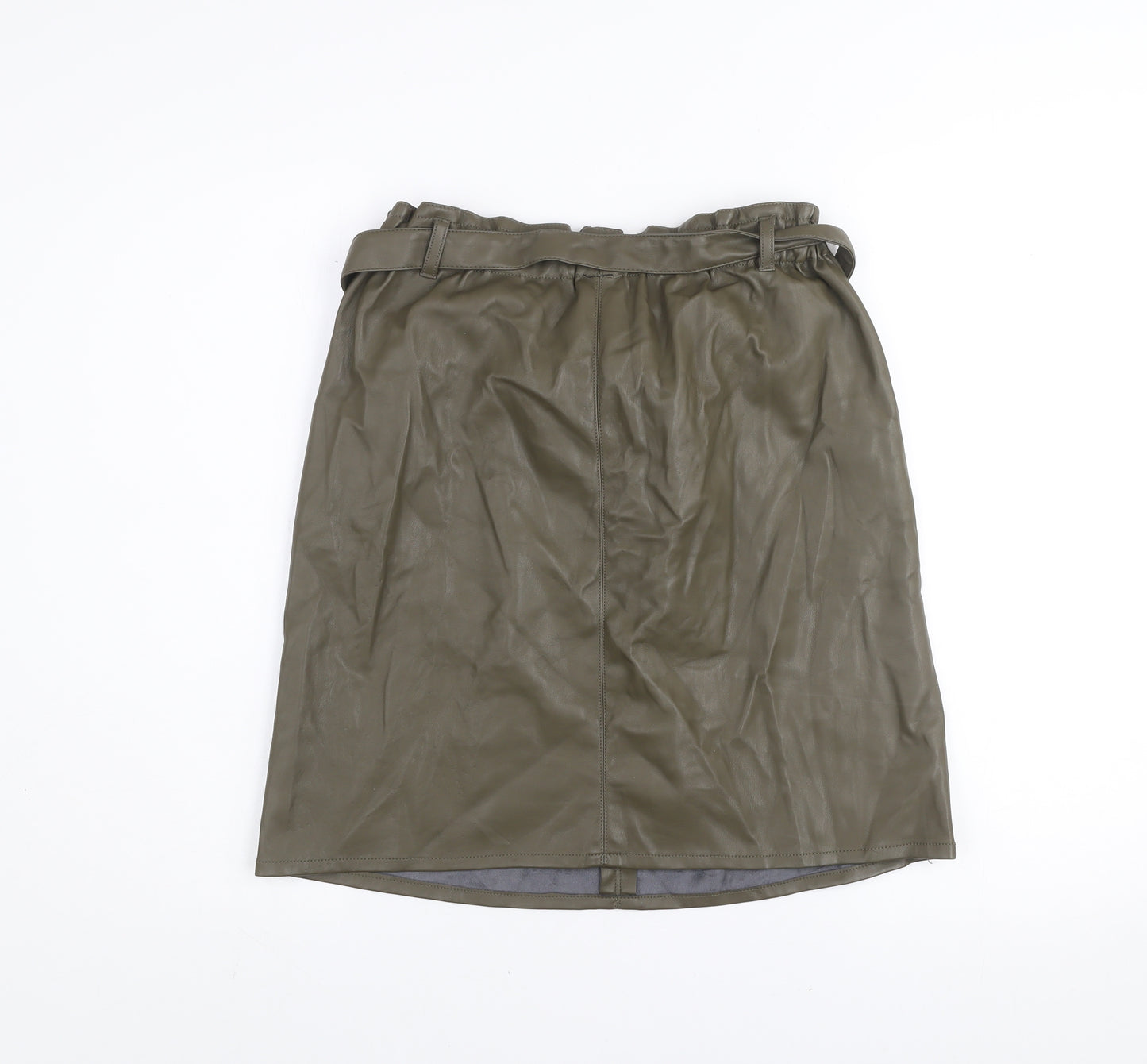 ONLY Women's Green Faux Leather Knee Skirt Size 12 High Waist Belted
