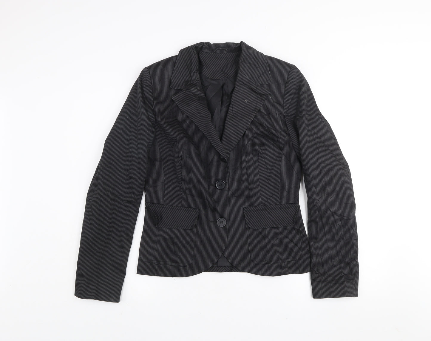 New Look Women's Black Pinstripe Blazer Jacket Size 12 Lined Cotton Workwear