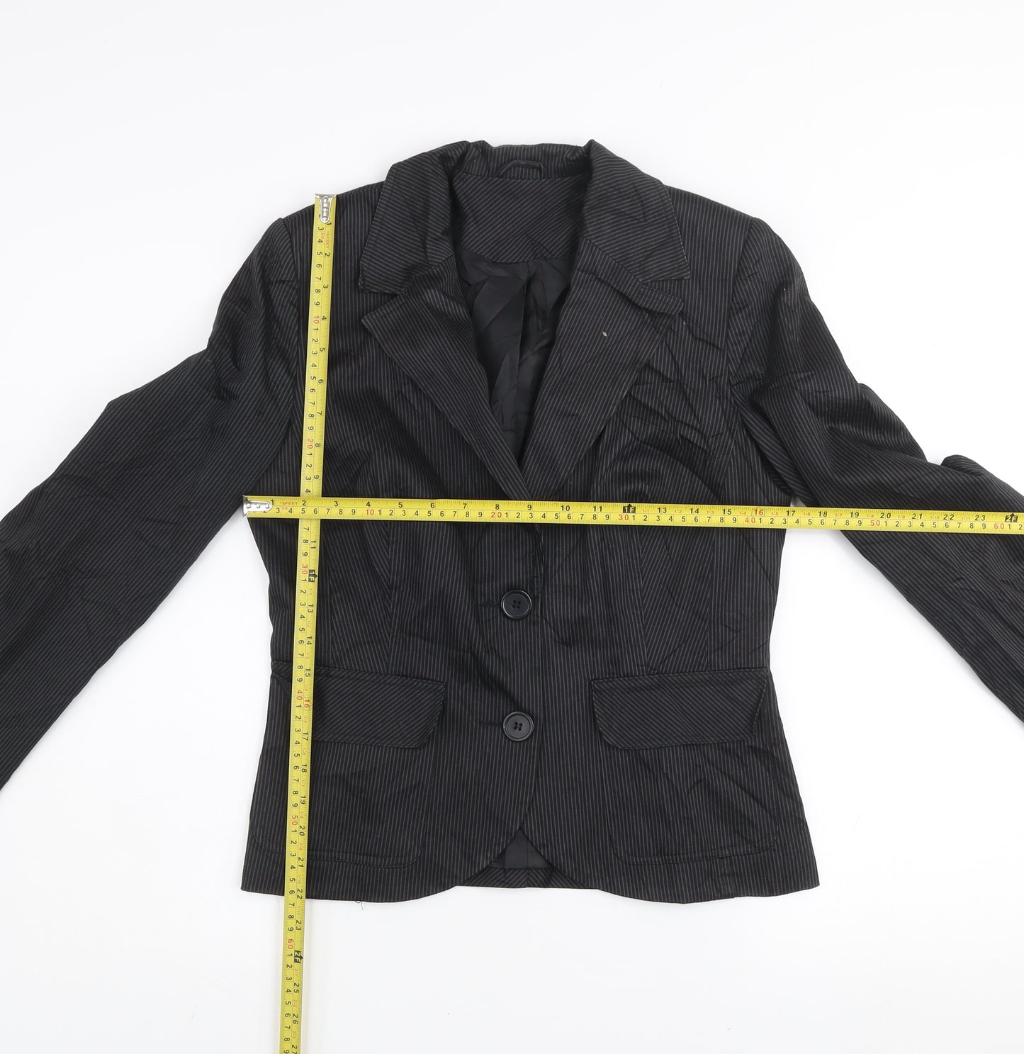 New Look Women's Black Pinstripe Blazer Jacket Size 12 Lined Cotton Workwear