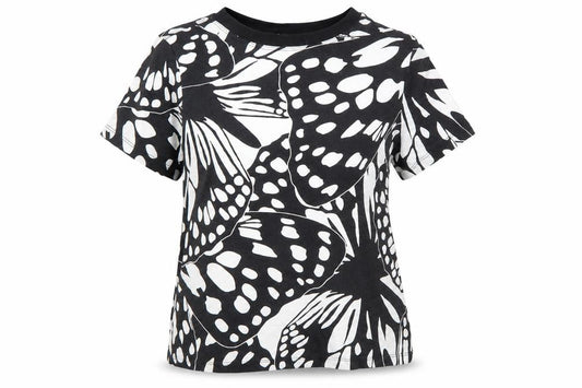 Front view of Next women’s black butterfly print cotton t-shirt, size UK 6