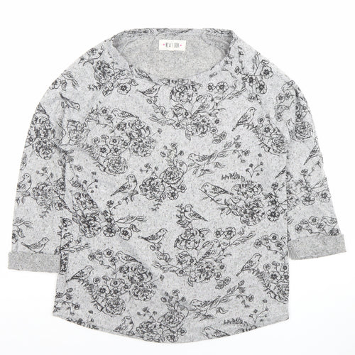 New Look Women's Grey Floral Bird Print 3/4 Sleeve Pullover Jumper Size 10