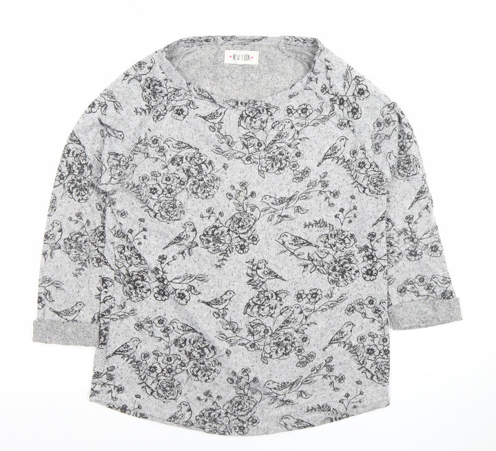 New Look Women's Grey Floral Bird Print 3/4 Sleeve Pullover Jumper Size 10