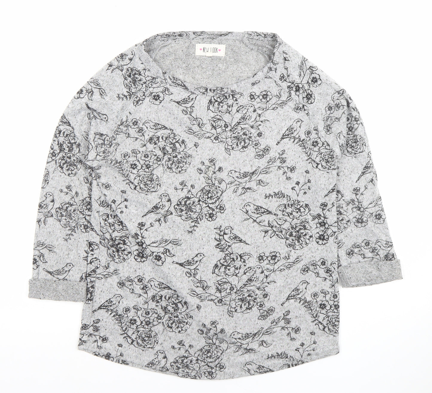 New Look Women's Grey Floral Bird Print 3/4 Sleeve Pullover Jumper Size 10