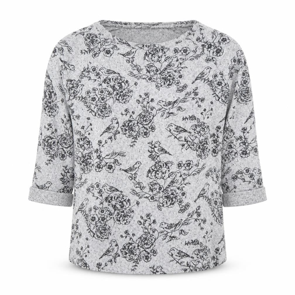 New Look Women's Grey Floral Bird Print 3/4 Sleeve Pullover Jumper Size 10