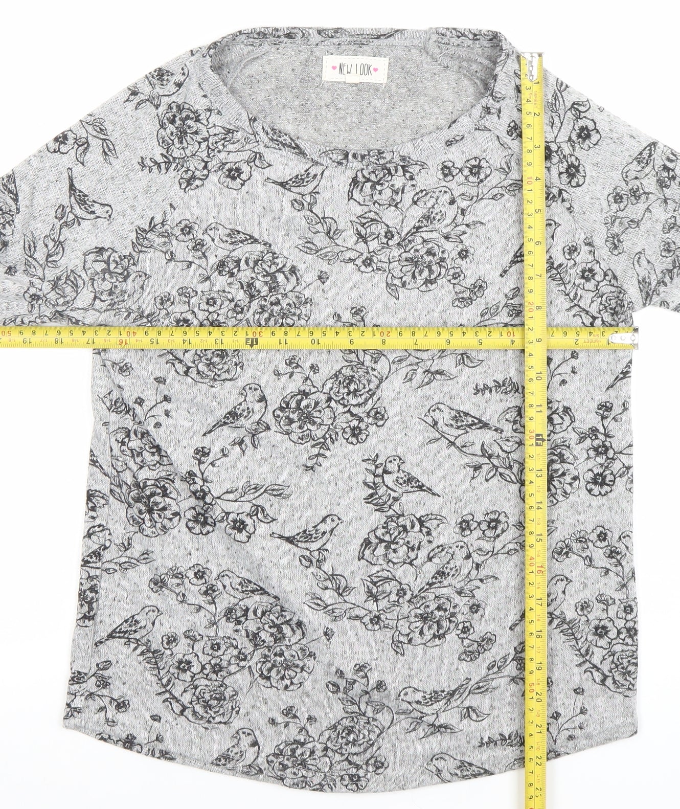 New Look Women's Grey Floral Bird Print 3/4 Sleeve Pullover Jumper Size 10