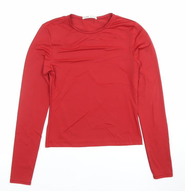 Pull&Bear Women's Red Slim Fit Long Sleeve Basic T-Shirt M