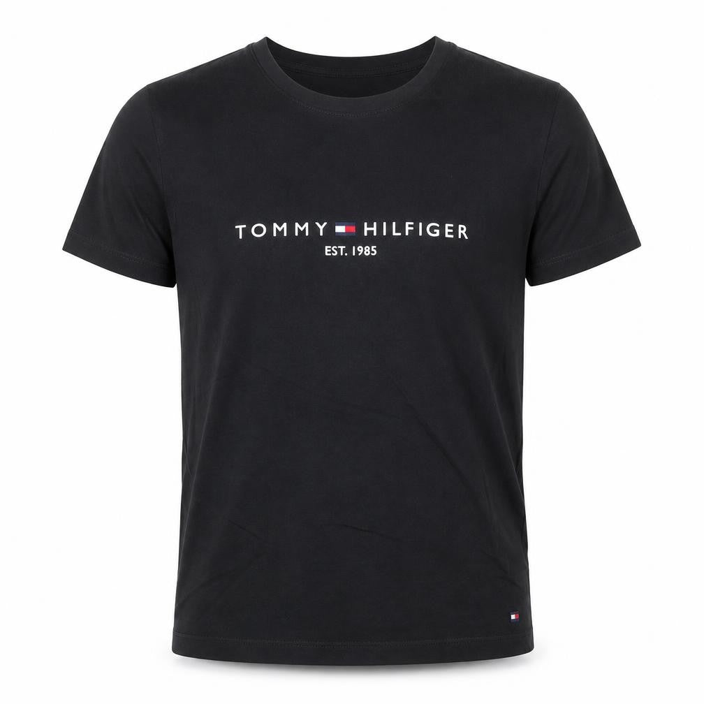 Front view of Tommy Hilfiger Men Black Small Logo Cotton Stretch T-Shirt