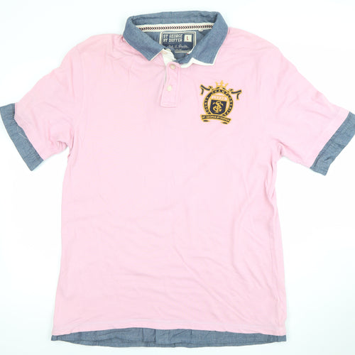 St George By Duffer Men's Pink Polo Shirt L Embroidered Crest Preppy Style