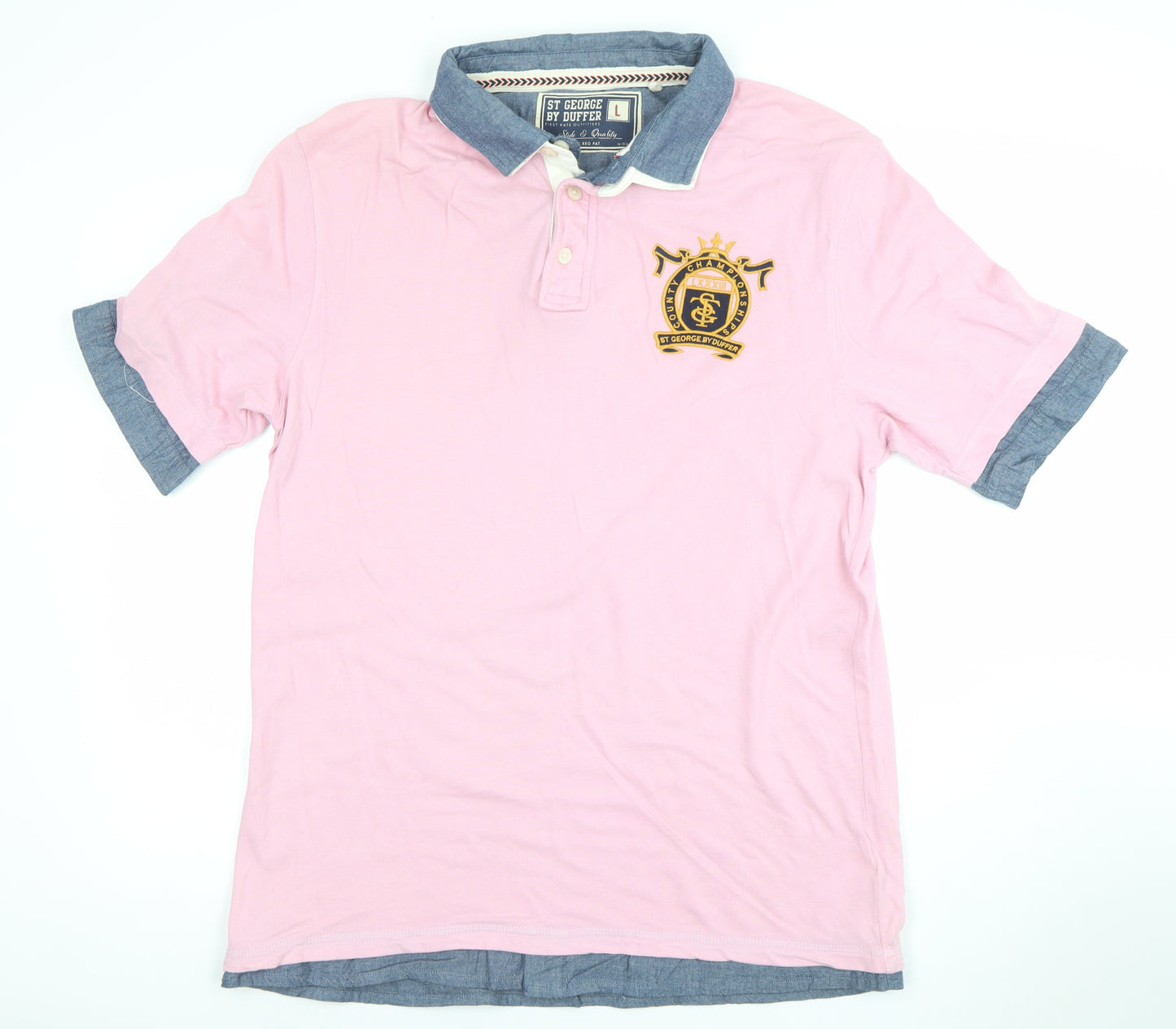St George By Duffer Men's Pink Polo Shirt L Embroidered Crest Preppy Style
