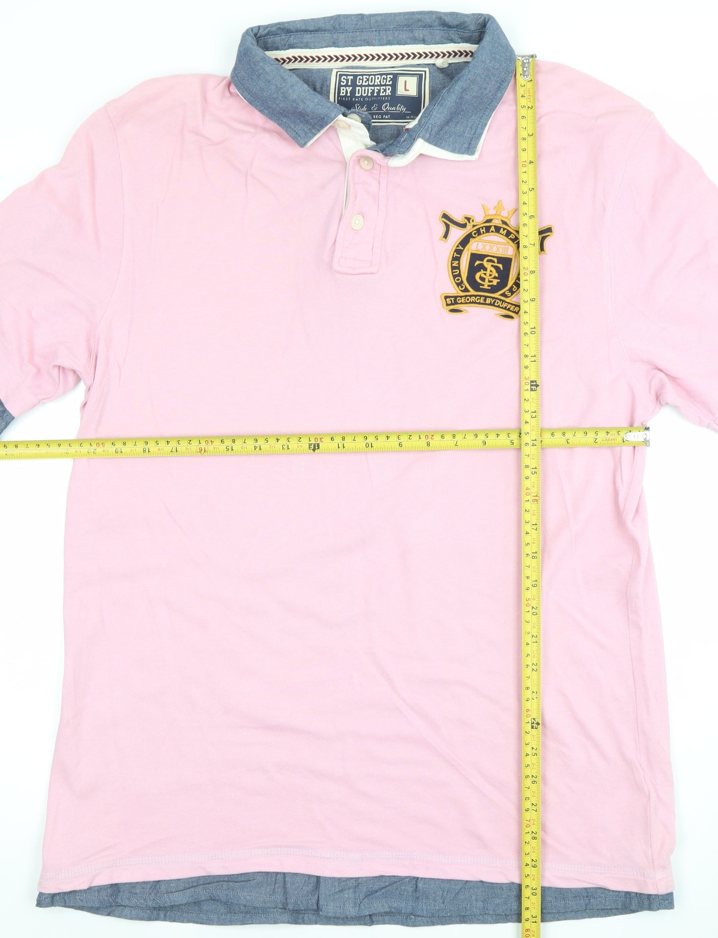 St George By Duffer Men's Pink Polo Shirt L Embroidered Crest Preppy Style