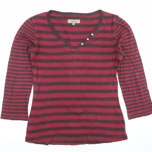 Kew Women's Red Striped 3/4 Sleeve V-Neck Cotton T-Shirt Size L