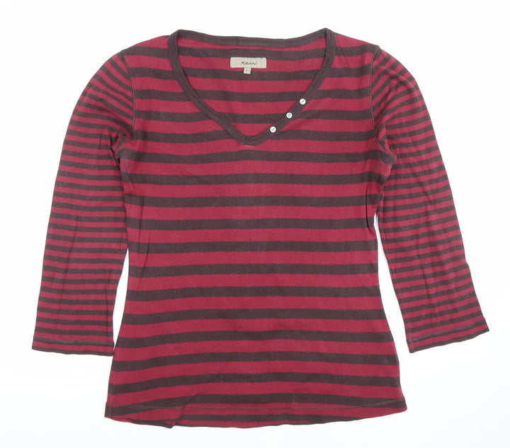 Kew Women's Red Striped 3/4 Sleeve V-Neck Cotton T-Shirt Size L