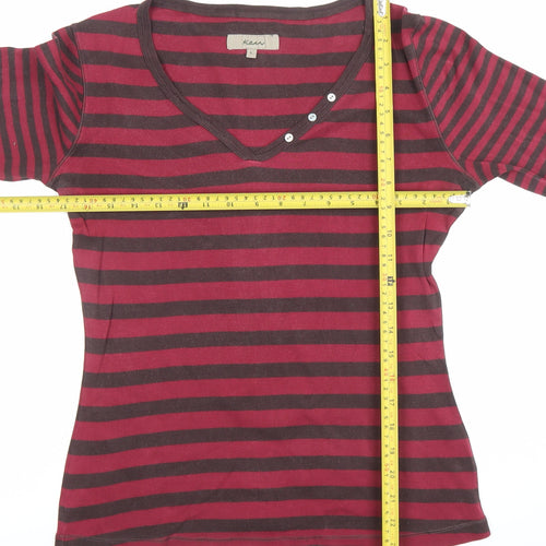 Kew Women's Red Striped 3/4 Sleeve V-Neck Cotton T-Shirt Size L